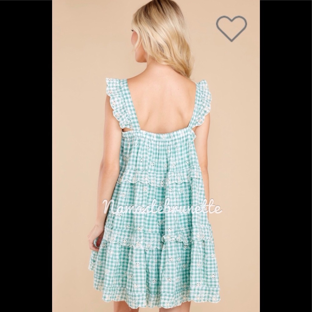 **SOLD***🌻NWOT🌻 Just Me Medium Flowy Green Gingham Embroidered Babydoll Mini - Picture 10 of 17